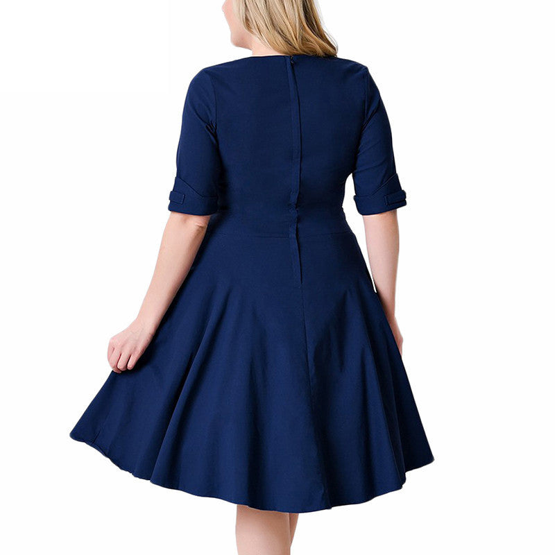 Plus Size Deep V Neck A-Line 1/2 Sleeve Elastic Knee-Length Dress