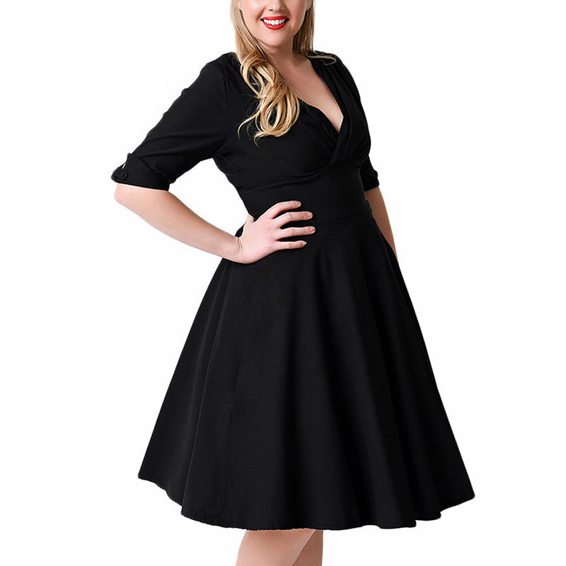 Plus Size Deep V Neck A-Line 1/2 Sleeve Elastic Knee-Length Dress