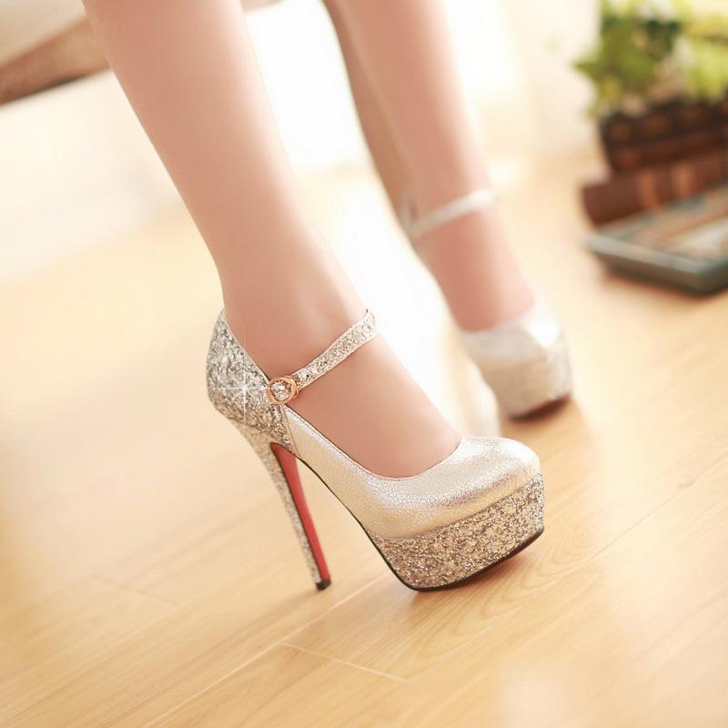 Charming Rhinestone Stiletto Heel Round Toe Ankle Strap High Heels Party Shoes