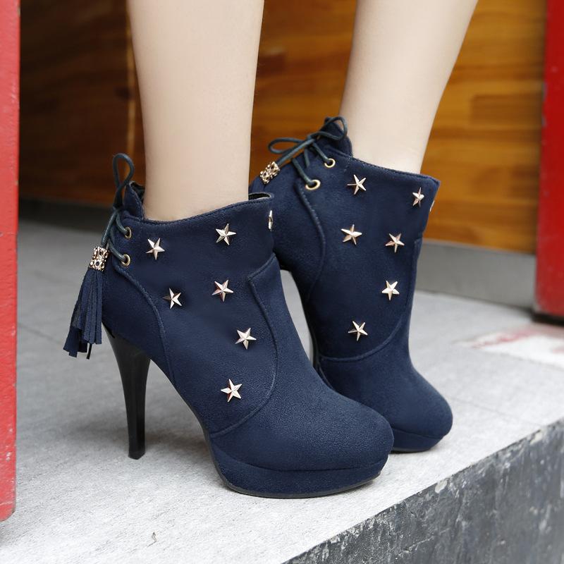 Rivets Tassels Back Lace Up Round Toe Stiletto High Heels Short Boots