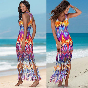 Sexy Full Colour Print Tassel Beach Long Dress  