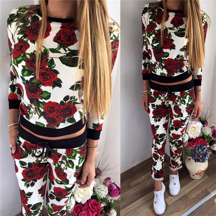 Scoop Long Sleeves Sweatshirt Drawstring Pants Flower Print Activewear Set