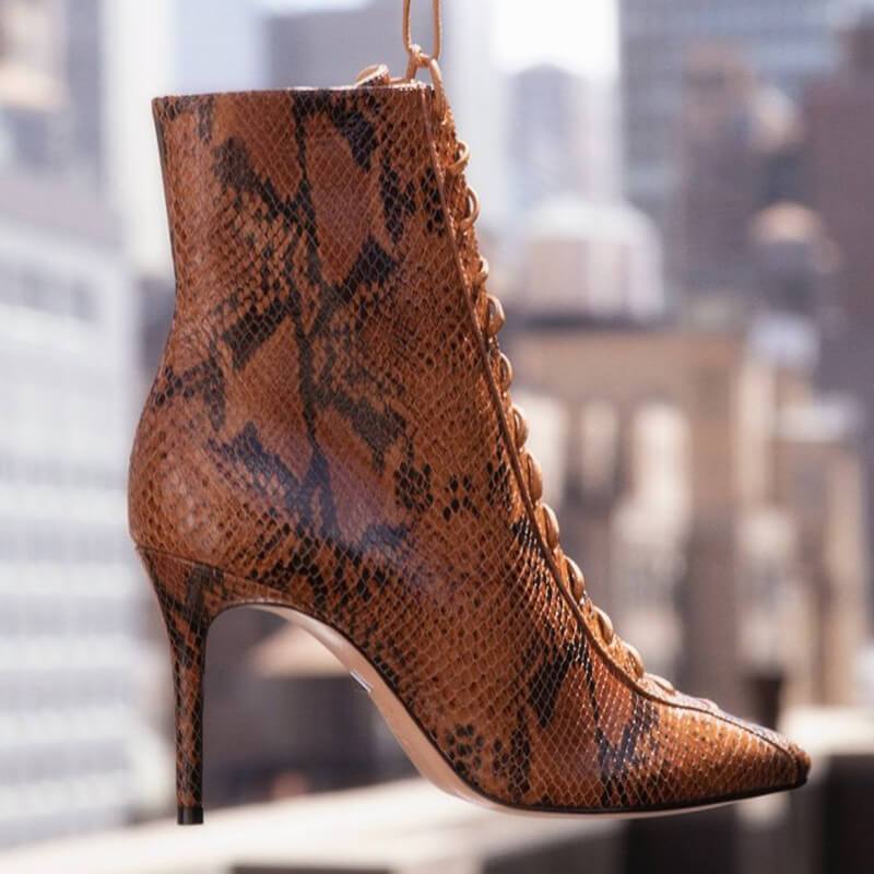 Sexy PU Snakeskin Point Toe Strap High Heel Ankle Boots