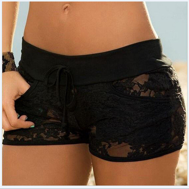 Black Lace Patchwork Draw String Low Waist Shorts