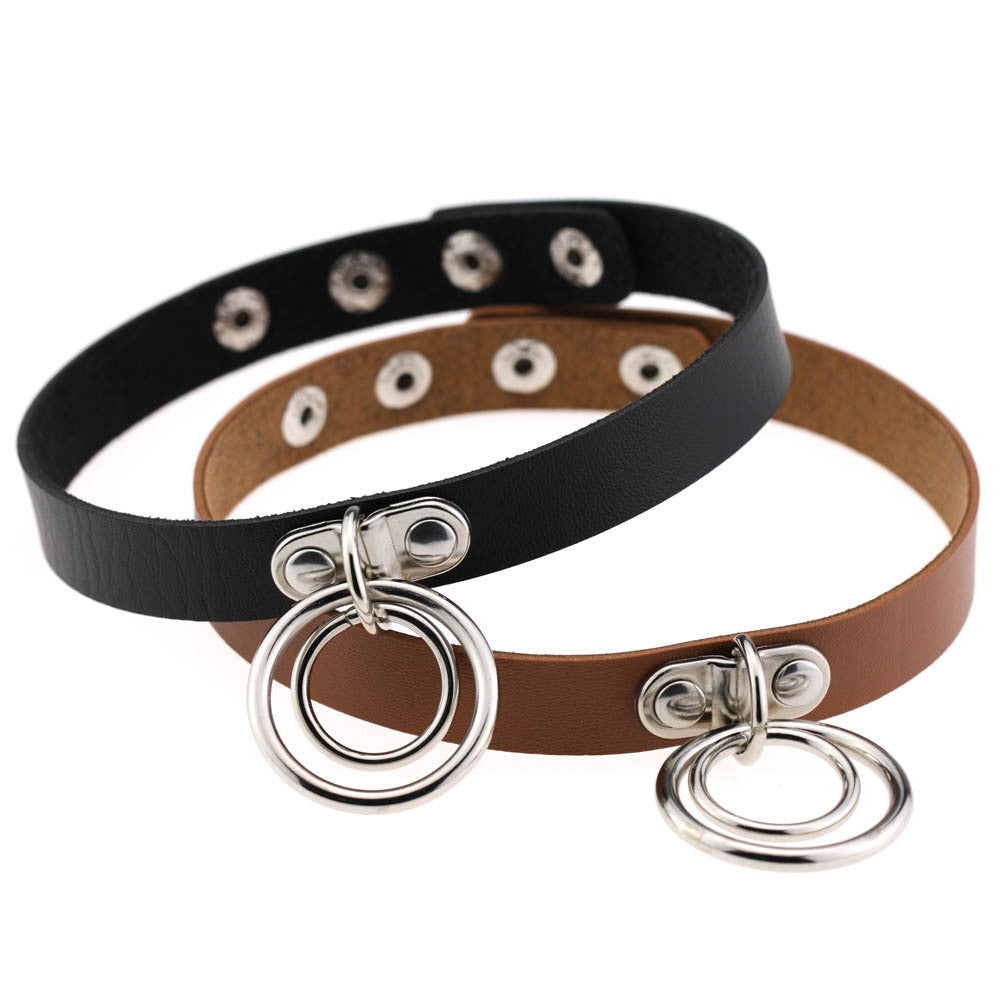 Hip-Hop Metal Ring Leather Collar Necklace