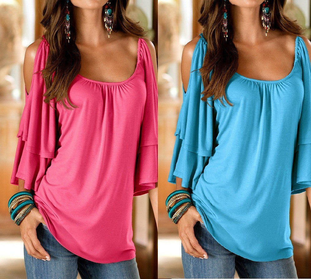 Dew Shoulder Double Layer 1/2 Sleeve Scoop Blouse