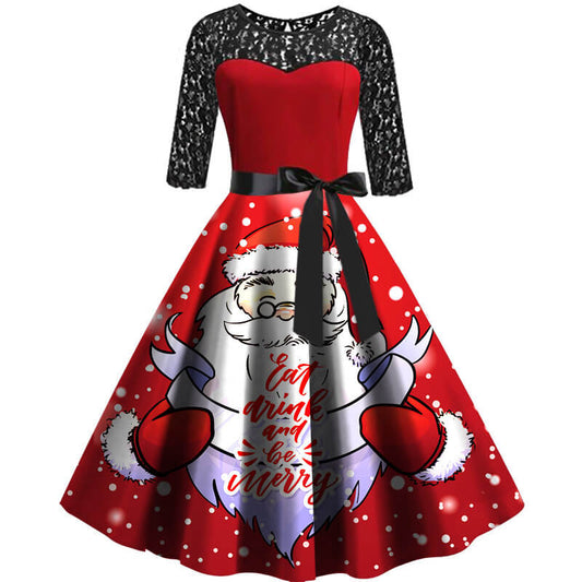 Christmas Cute Santa Print Retro Lace Splice Swing Dress