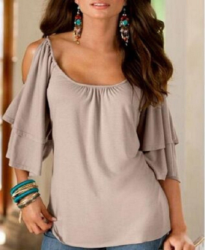 Dew Shoulder Double Layer 1/2 Sleeve Scoop Blouse