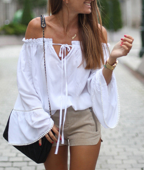 Off-Shoulder Lotus Sleeve Lace Up Loose Blouse