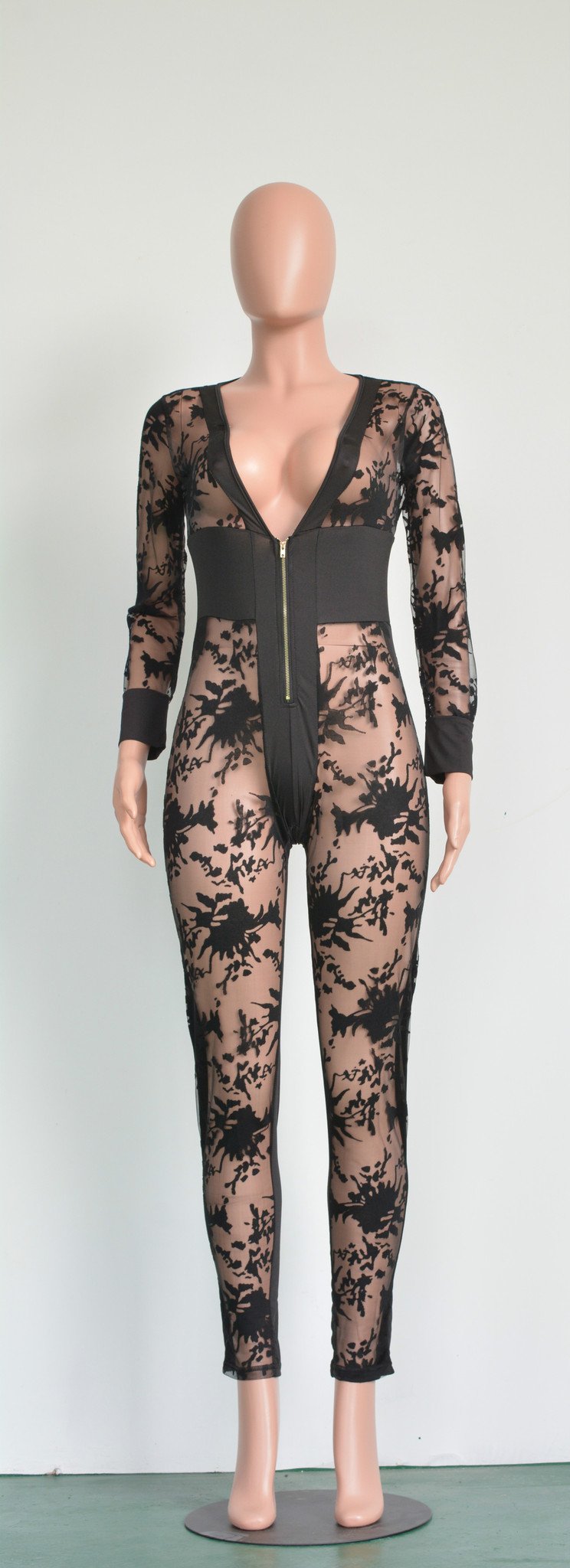 Deep V-neck Burn-out See-Through Zipper Long Jumpsuit