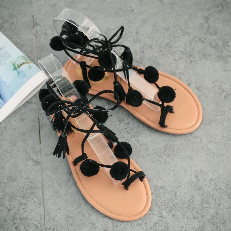 Colorful Ball Decorate Slip-on Tassels Lace UP Flat Sandals