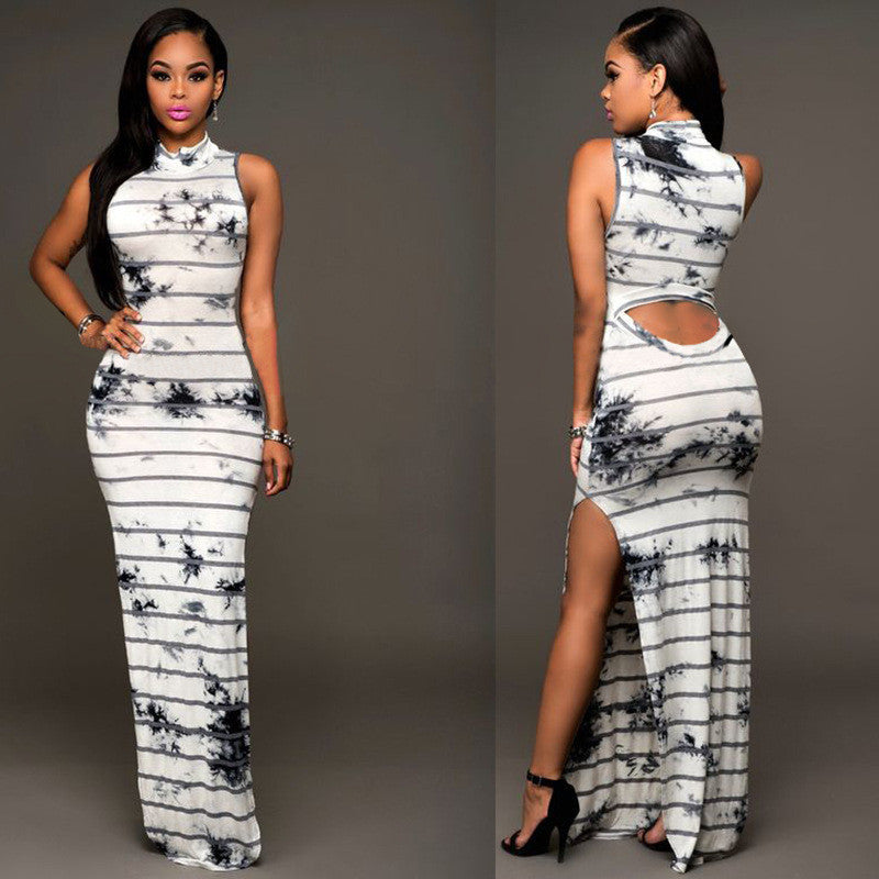 Sexy Print Hollow Out Splitting Bodycon Long Dress