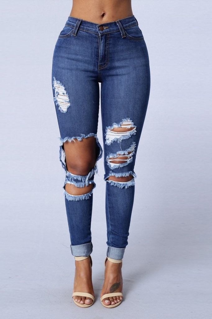 Low Waist Cut Out Rough Holes Curled Long Skinny Pants