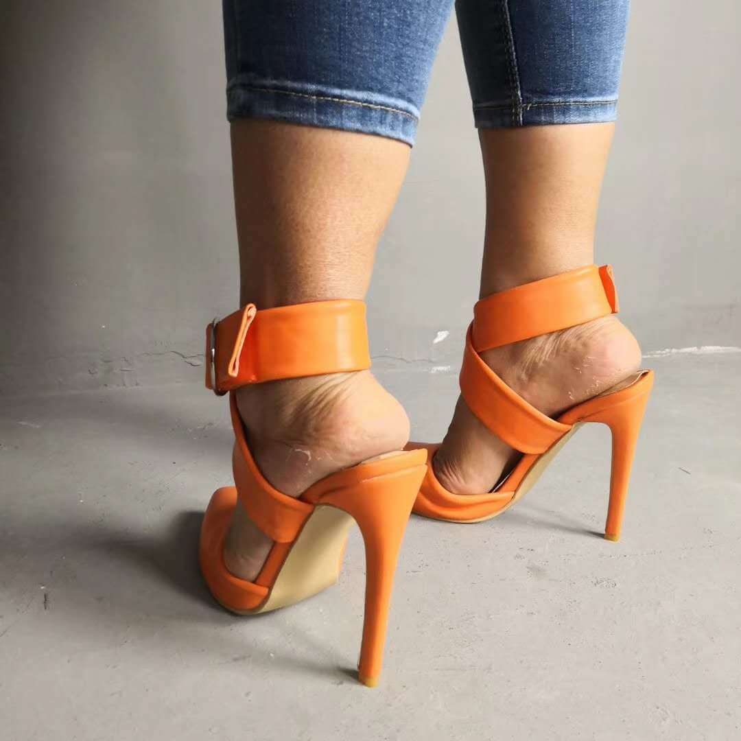 Sexy Orange Leather Pointed Toe Cutout Buckle High Heel Sandals