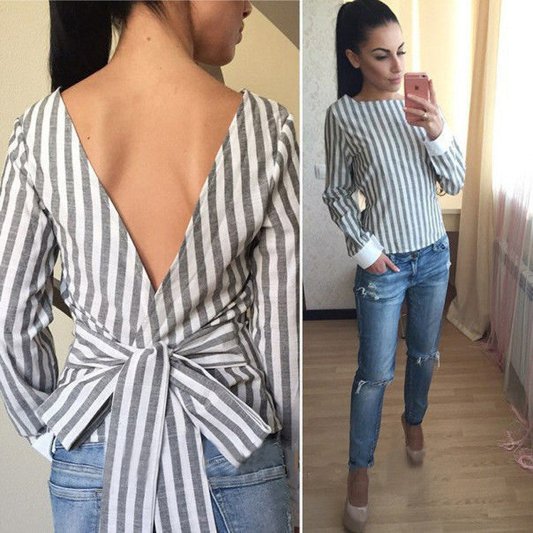 Sexy Backless Stripe Lace Up Flax Blouse