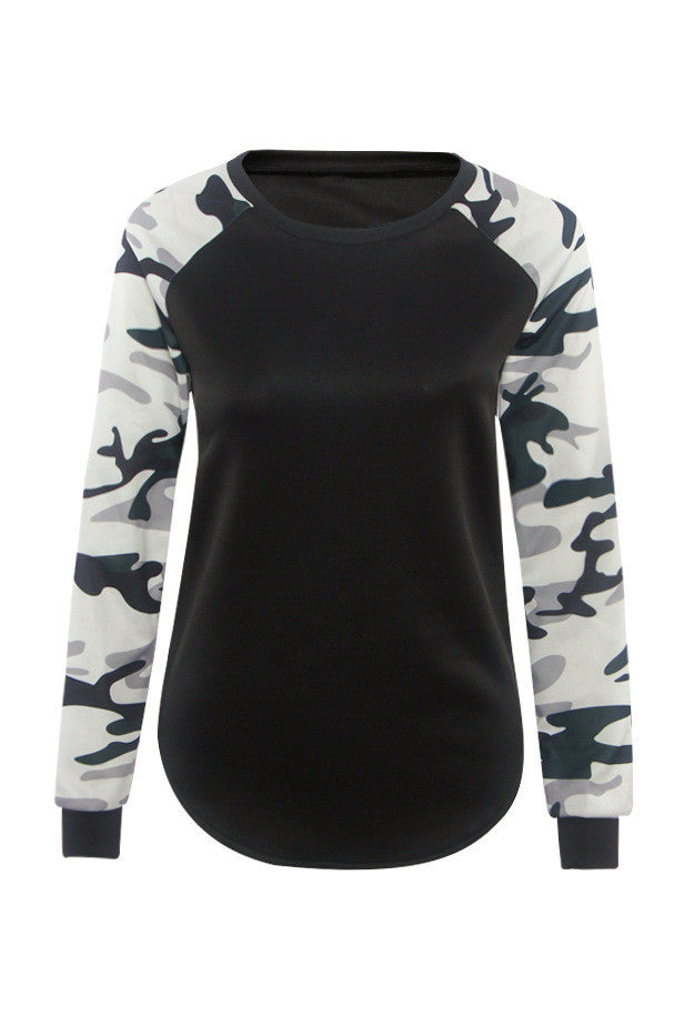 Fashion Camouflage Splicing Printing Irregular Hem Sweatshirt