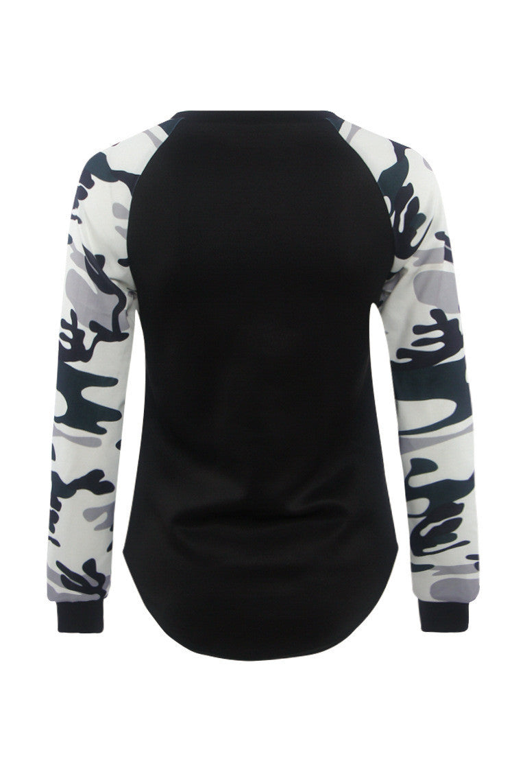 Fashion Camouflage Splicing Printing Irregular Hem Sweatshirt