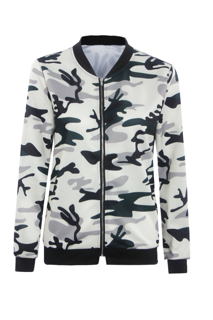 Camouflage Print High Neck Zipper Scoop Short Coat Outwear