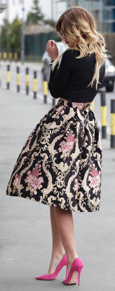 Retro Style Floral Print High Waist Pleated Flared Skirt