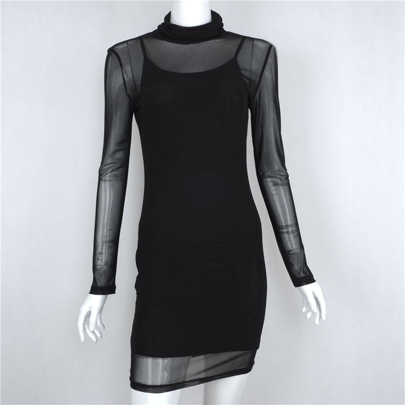 Black Transparency Lined Long Sleeve Bodycon Short Two Pieces Dress
