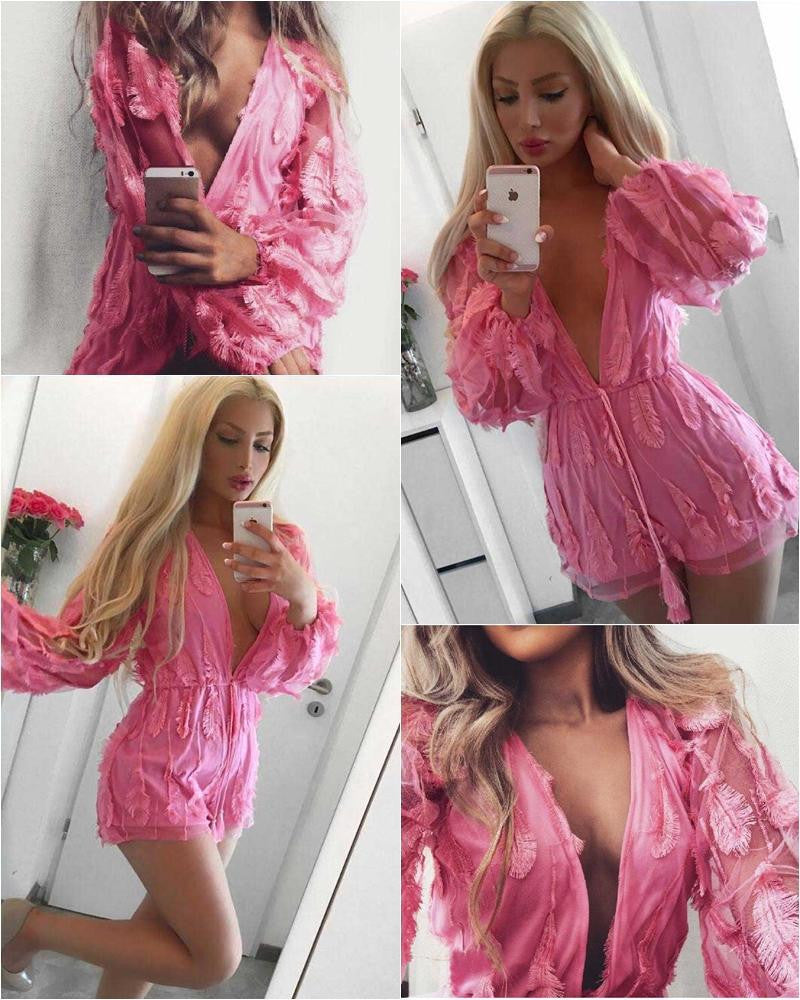 Pink Feather Patchwork Deep V-neck See-through Short Jumpsuit