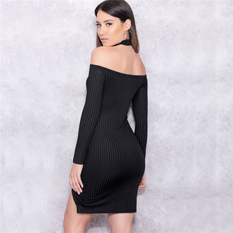 Off Shoulder Long Sleeve Split Bodycon Short Black Dress