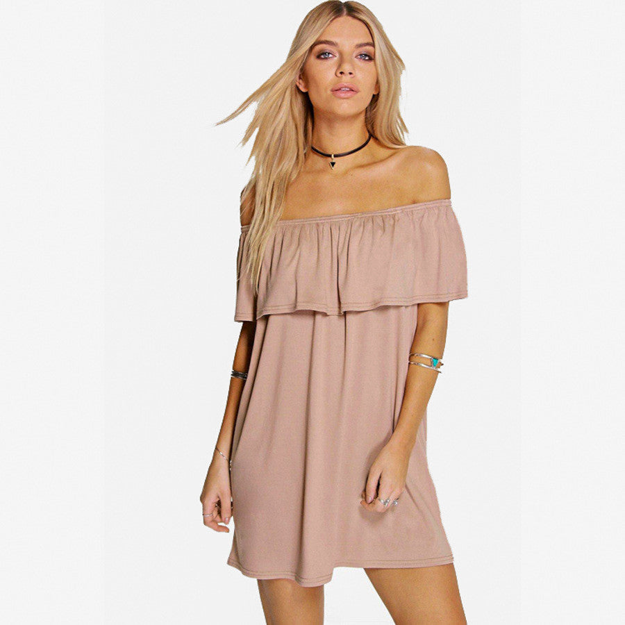 Sexy Off Shoulder Falbala Pure Color Loose Short Dress