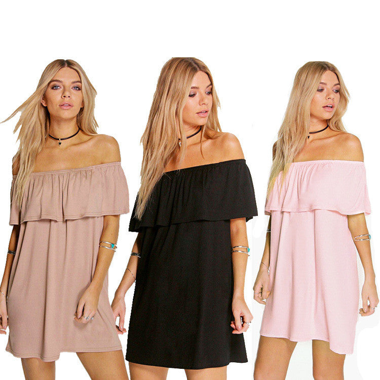 Sexy Off Shoulder Falbala Pure Color Loose Short Dress