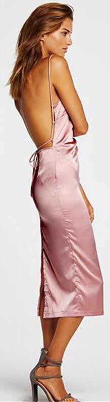 Pink Spaghetti Strap Backless Pure Color Split Long Dress