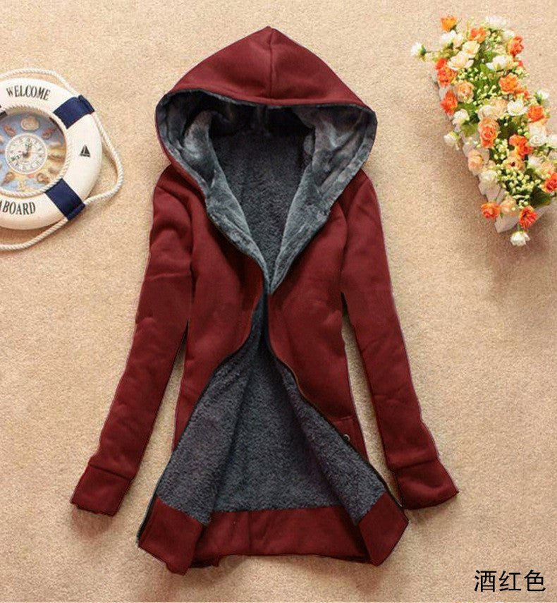 Hooded Thick Long Sleeves Pure Color Slim Mid-length Coat