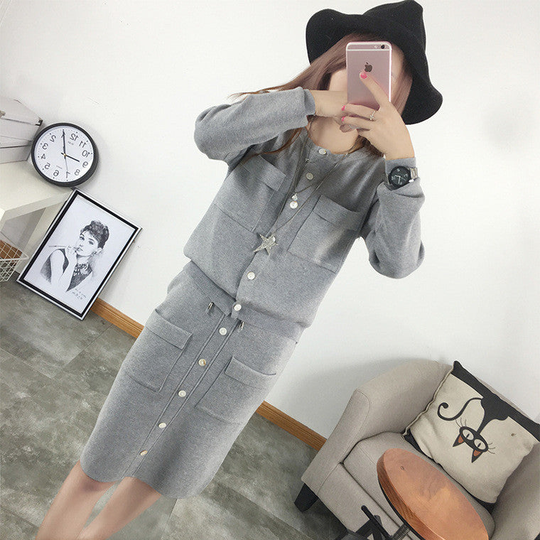 Scoop Long Sleeves Drawstring Knee-length Two Pieces Dress