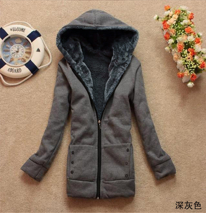 Hooded Thick Long Sleeves Pure Color Slim Mid-length Coat