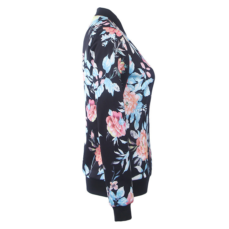 Floral Print Stand Collar Zipper Short Coat