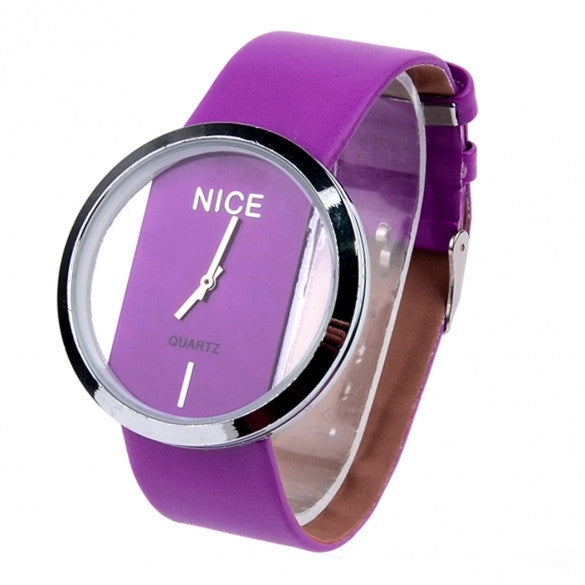 Synthetic Leather Transparent Dial Lady Wrist Watch