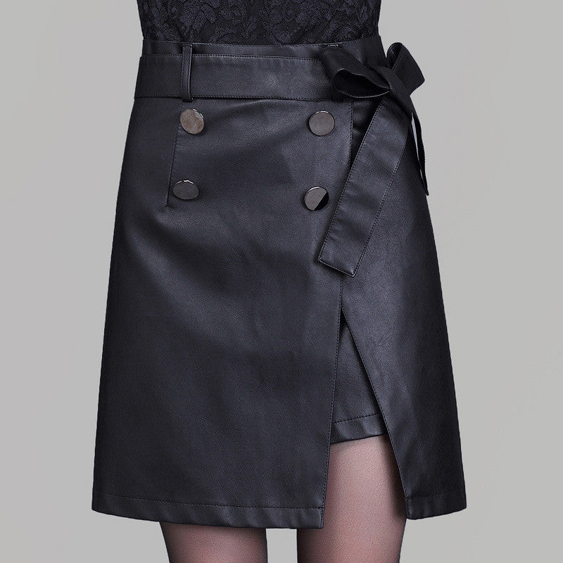 Black PU Belt Button Split Short Skirt