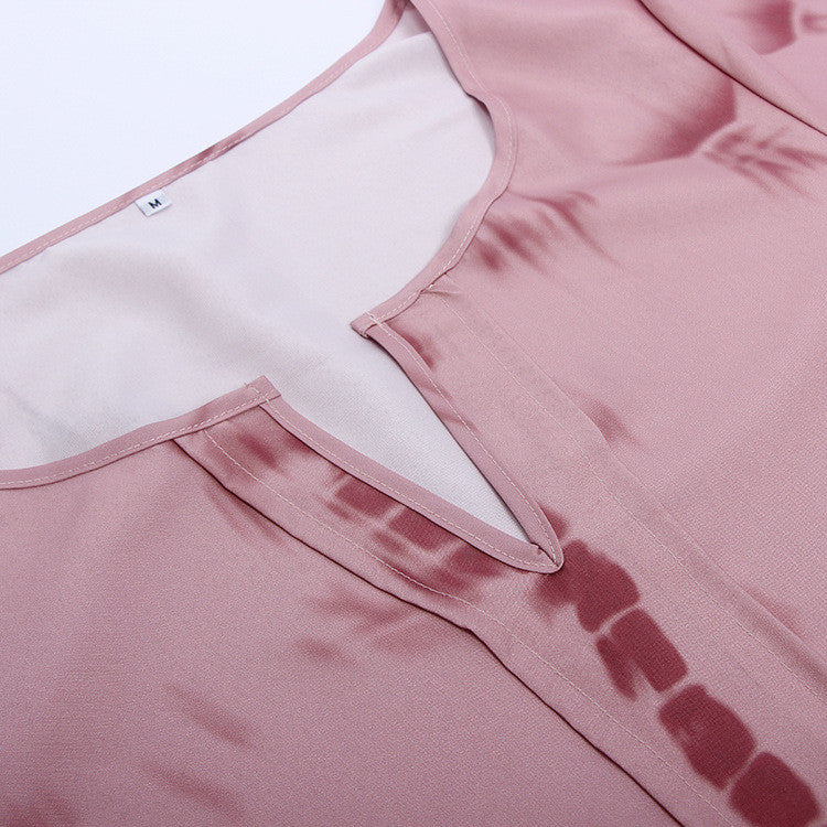 Fashion Pink Tie-Dye Leaking Print Long Sleeve Blouse