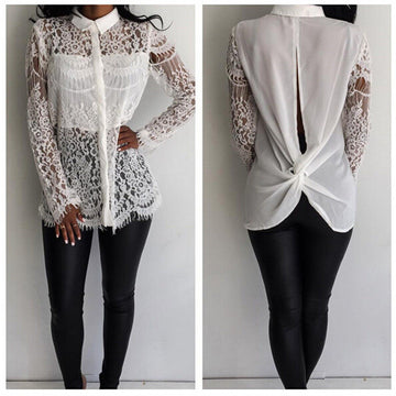 Hollow Out Lace Embroidery Flowers Splicing Fashion Shirt