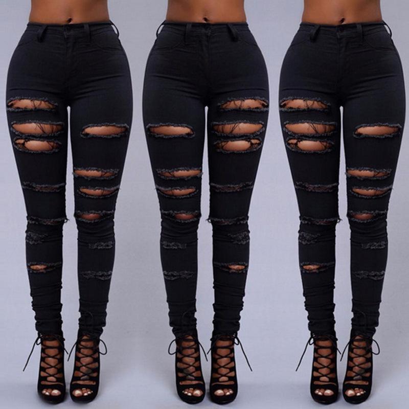 Hollow Out Rough Middle Waist Long Skinny Pants Jeans
