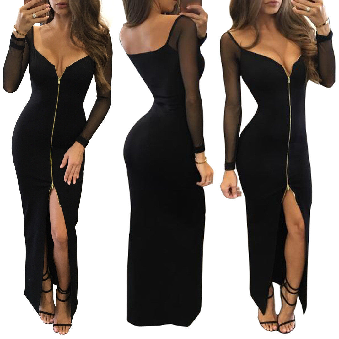 Sexy Black Mesh Low Cut Neck Front Zipper Long Dress