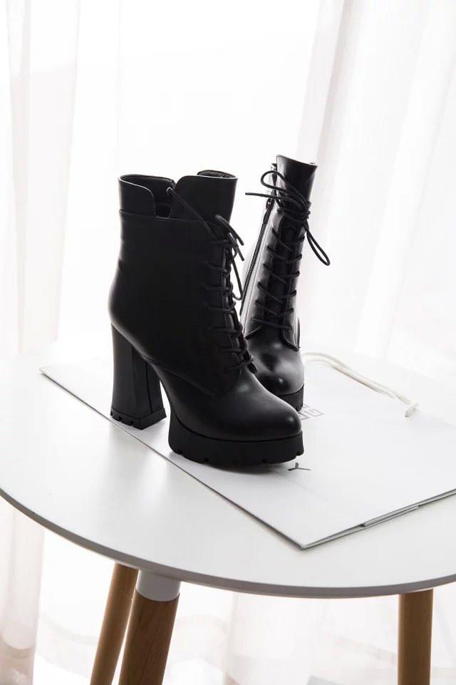 Lace Up Side Zipper Chunky Heel Short Boots