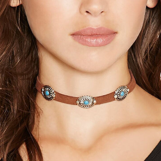 Bohemian Contracted Metal Faceplate Stone Collar Necklace