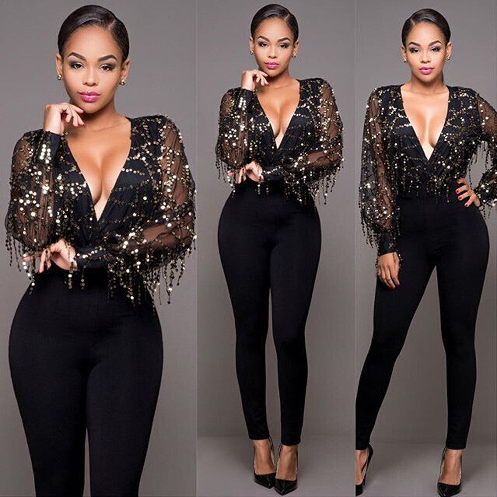 Black Deep V-neck Sequins Tassel Long Sleeve Long Jumpsuit