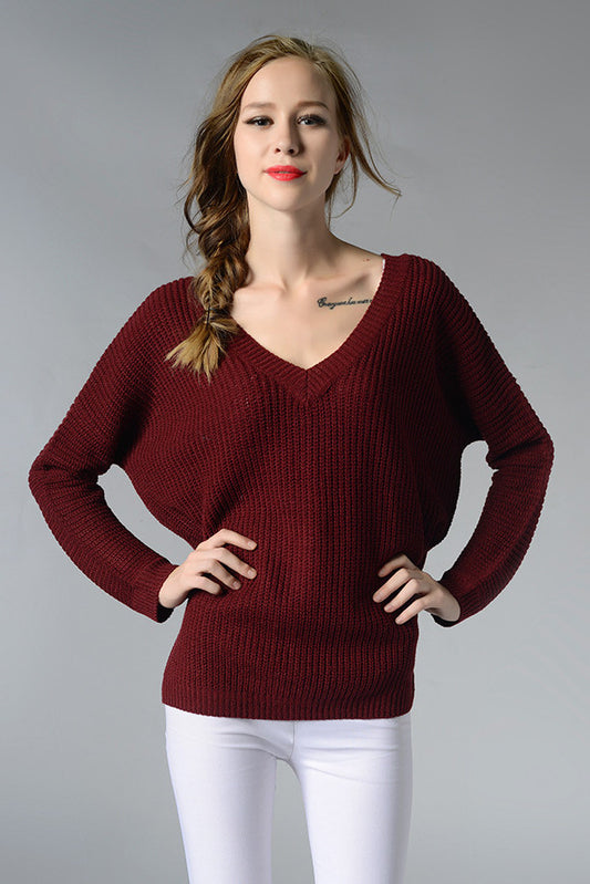 V-neck Pure Color Long Sleeves Loose Knit Pullover Sweater