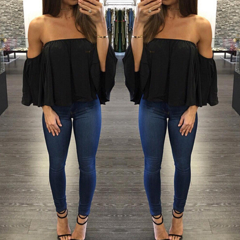 Sexy Off Shoulder Long Sleeve Chiffon Loose Blouse