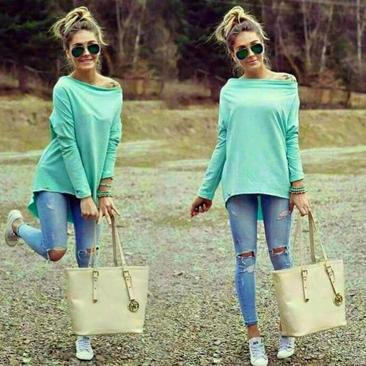 Sexy Scoop Long Sleeve Irregular Hemline Pure Color Blouse