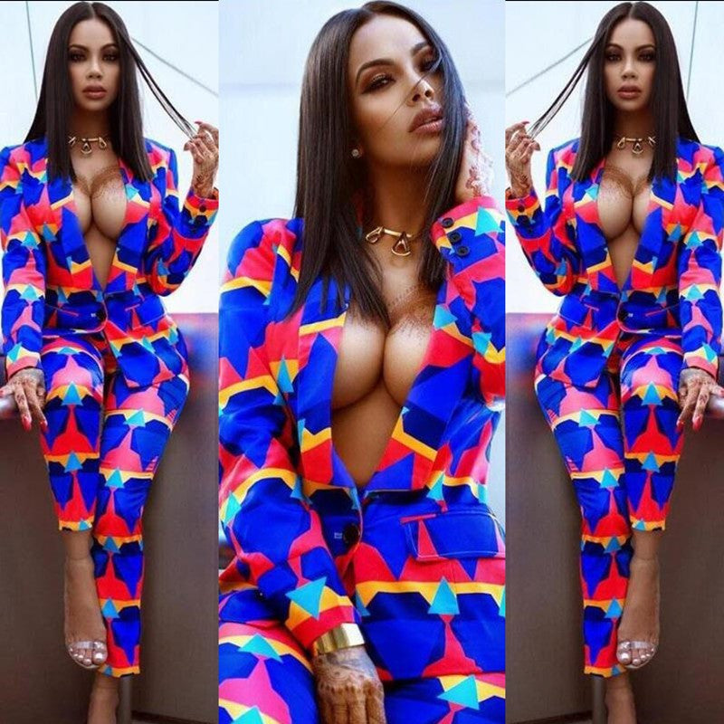 Sexy Colorful Geometric Print Blazer and Pants Two Pieces Set