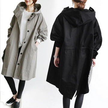 Solid Color Button Loose Long Hooded Coat