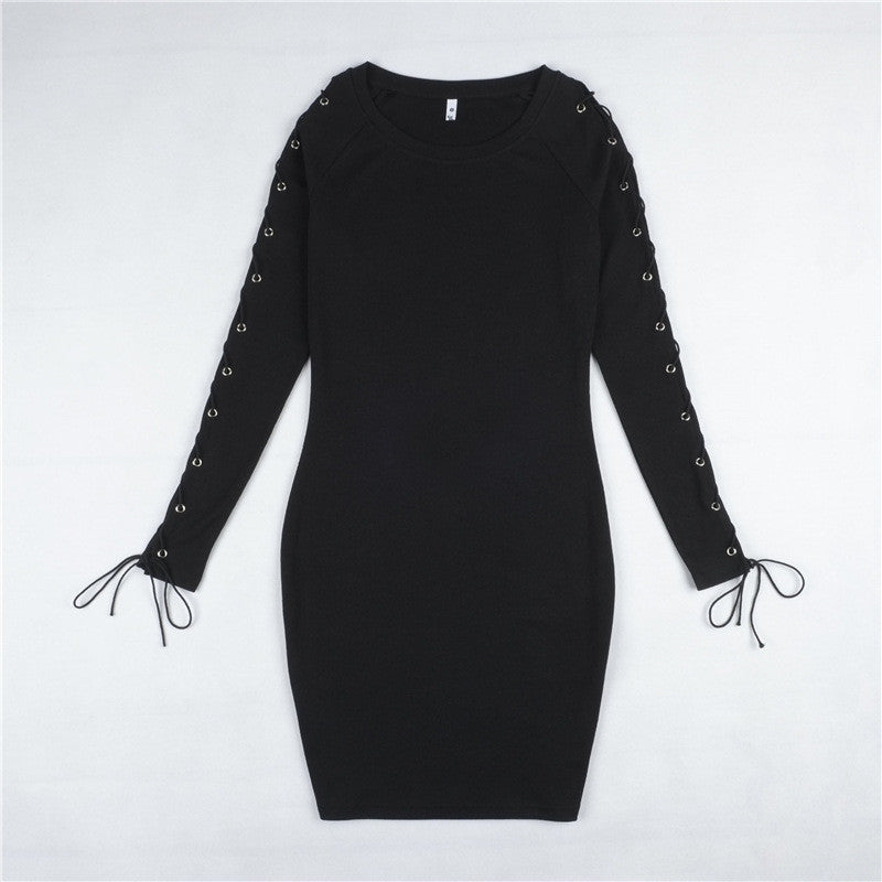 Hollow Out Lace Up Long Sleeve Black Short Bodycon Dress