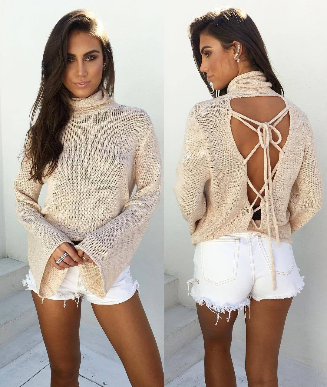 Sexy Back Lace Up Batwing High Neck Sweater