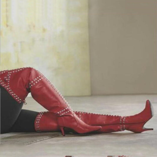 Red Leather Rivet High Heel Over Knee Boots